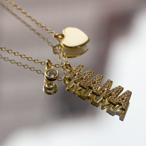 Sterling Silver Gold Vermeil CZ Multi Charms MAMA Necklace
