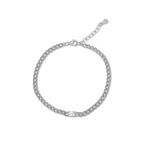 Sterling Silver Emerald Cut CZ Curb Bracelet