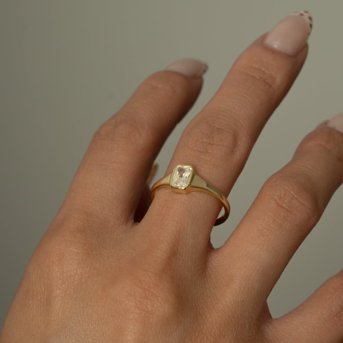 Sterling Silver Gold Vermeil Rectangular CZ Bezel Set Ring