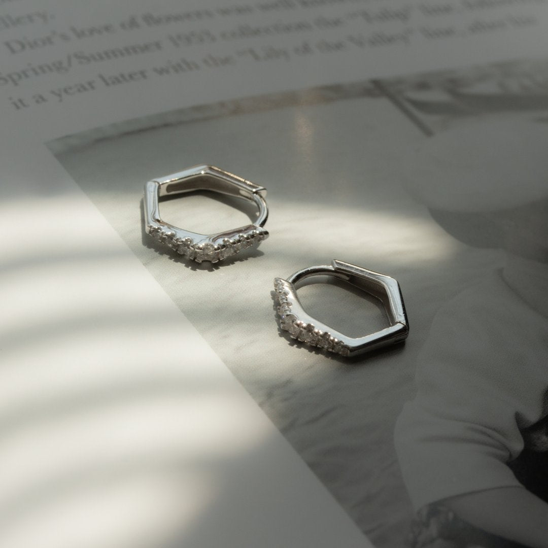 Sterling Silver Gradual CZ Hexagon Huggies Earrings