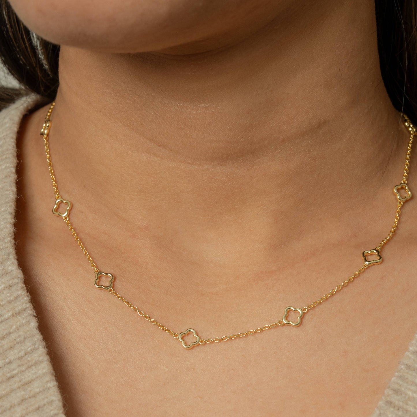 Sterling Silver Cutout Clover Station Necklace