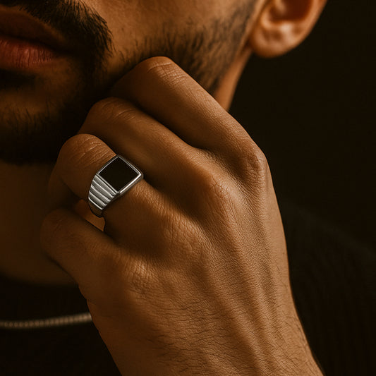 Sterling Silver Rhodium Plated Black Onyx Square Signet Men's Ring
