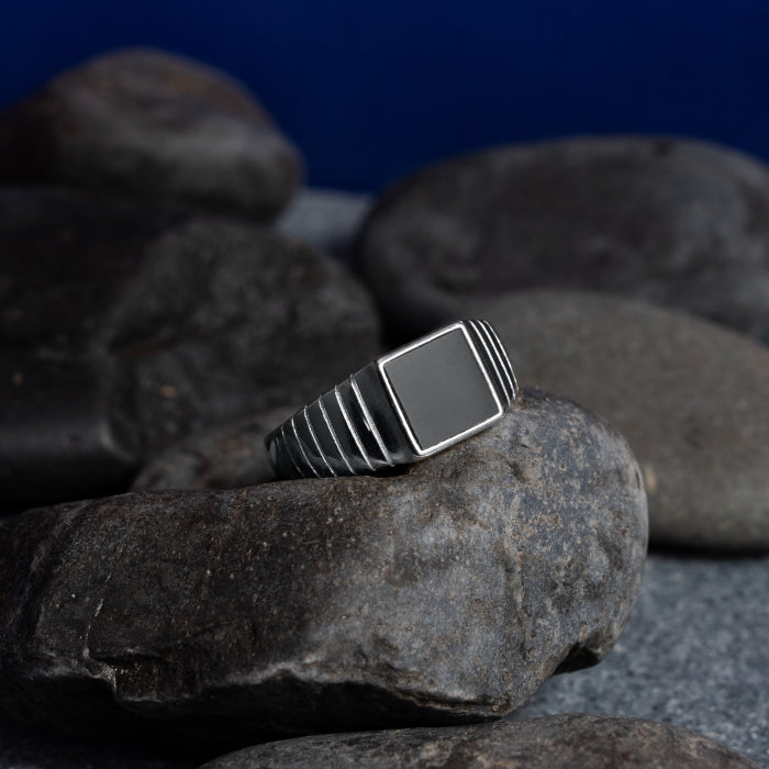 Sterling Silver Rhodium Plated Black Onyx Square Signet Men's Ring