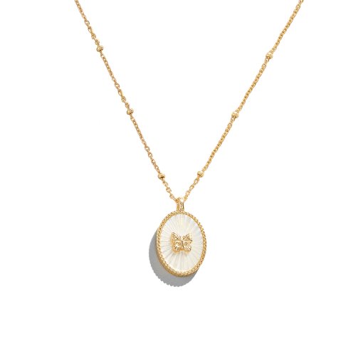 Sterling Silver Gold Vermeil Mini Butterfly Mother of Pearl Oval Pendant Necklace