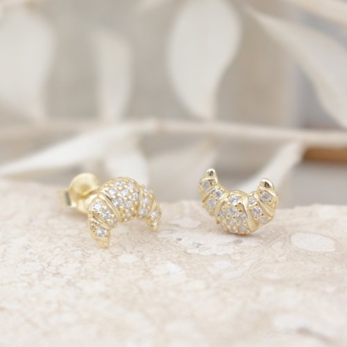 Sterling Silver Gold Vermeil Mini White CZ Croissants Studs